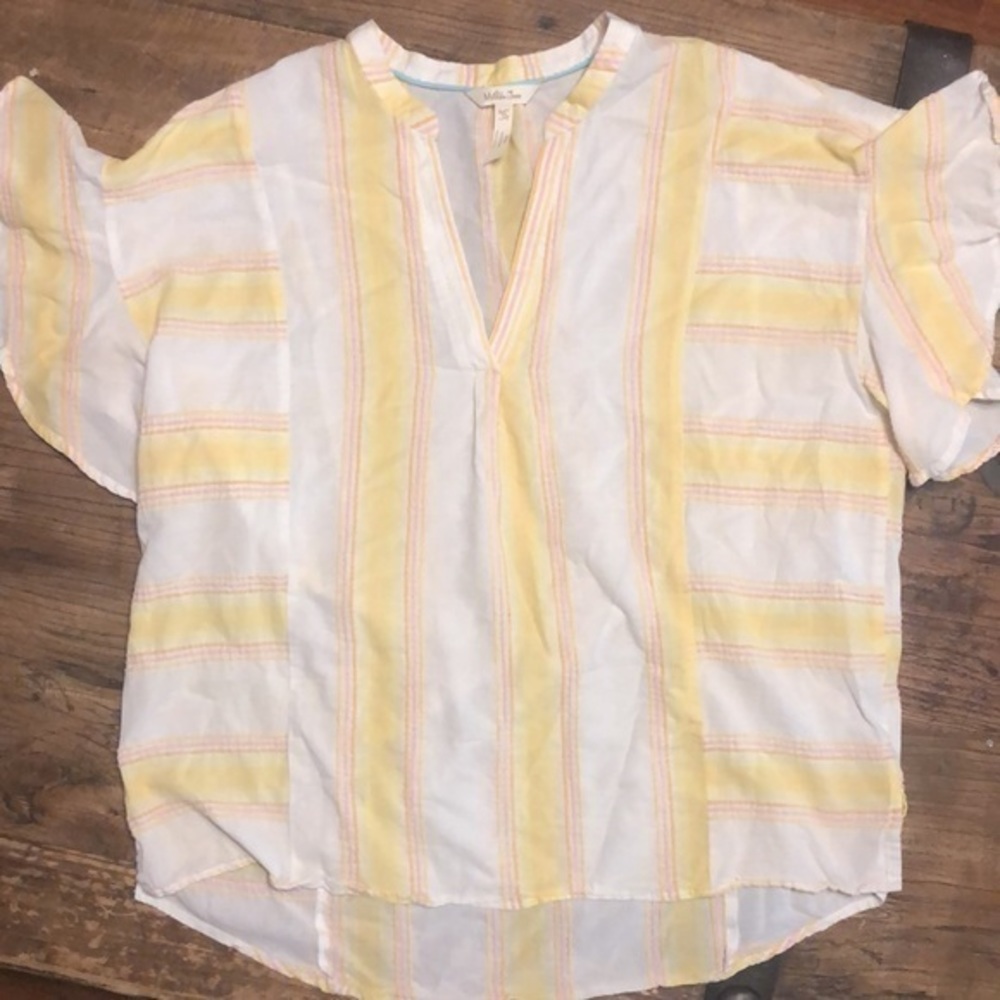 Matilda Jane Size M Summer Picnic Top‎ Shirt Blouse Yellow Pink Striped A101 - Picture 2 of 6